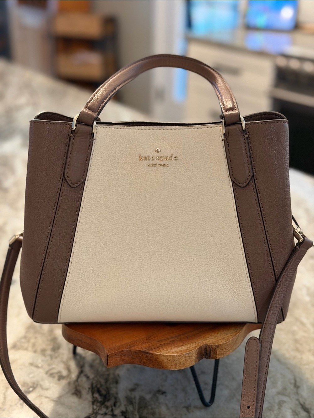 kate spade Brown and Cream Leather Satchel with Top Handle